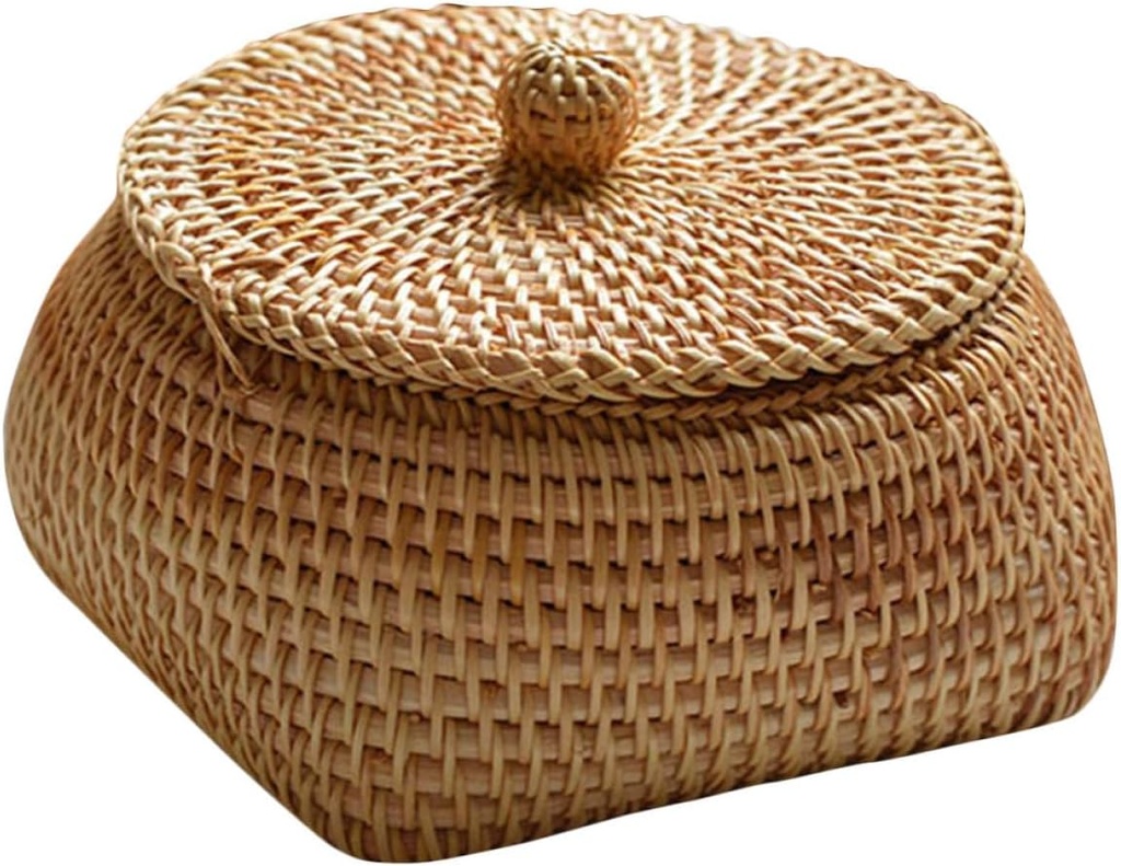 Woven Storage Box with Lid Fruit and Bread Serving Basket Rustic Picnic Organizer for Sundries Lightweight and Reusable Storage