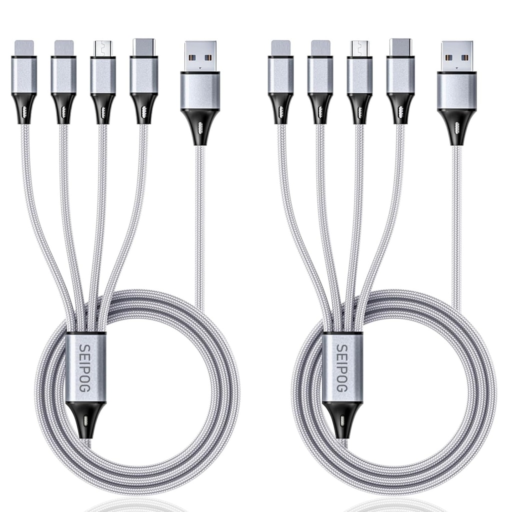 Multi Charging Cable, USB Cable 3A 4FT Nylon Braided Universal 4in1 Charger Adapter Type-C/Micro Port, Compatible with Cell Phones and More (Silver, 2Pack)
