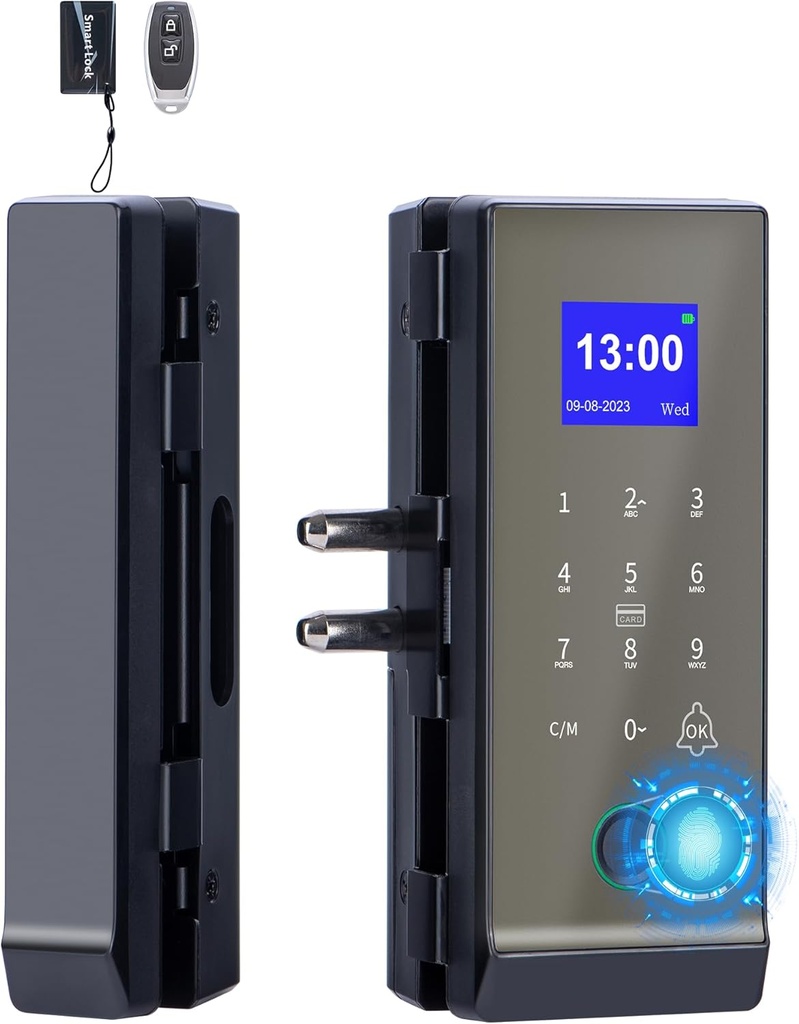 Keyless Entry Glass Door Knobs,Drill-Free Smart Lock Deadbolt,Perfiware 4in1 Biometric Fingerprint Glass Door Locks,Great for Home,Cabinet,Apartment,Hotel,Office,Store, Medium, Black