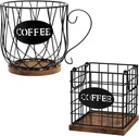 Coffee Pod Holder Organizer, Set of 2 Large Capacity K Cup Holder Organizer, Storage Basket for Kitchen Countertop Office Coffee Bar with Wooden Base, Rustic Brown,Square and Round