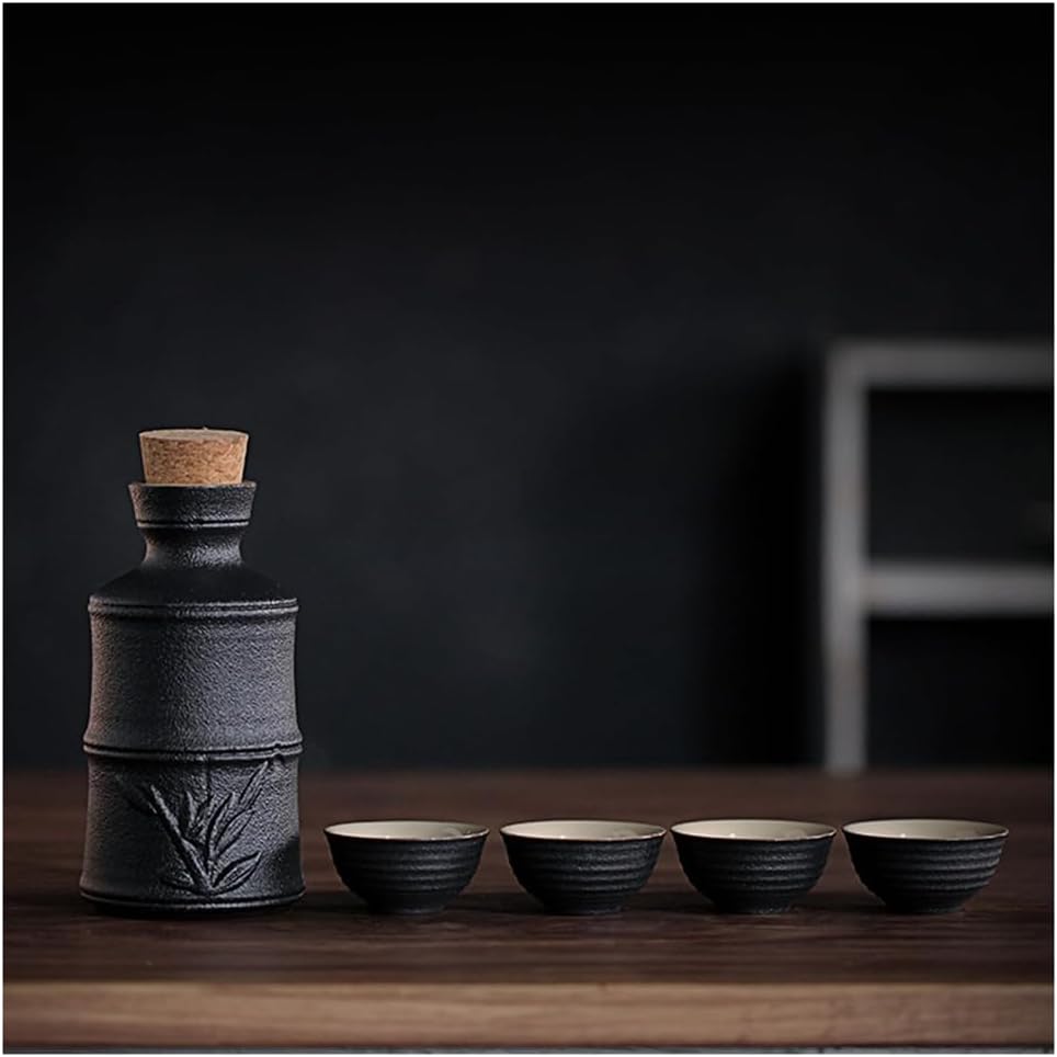 Ceramics Sake Sets Traditional Japanese,Retro Ceramics Sake Cup Set,Old Fashioned Nostalgic Antique Sake Cup Set With 4 Sake Cups,1 Sake Pot, Restaurant Sake Cup black1