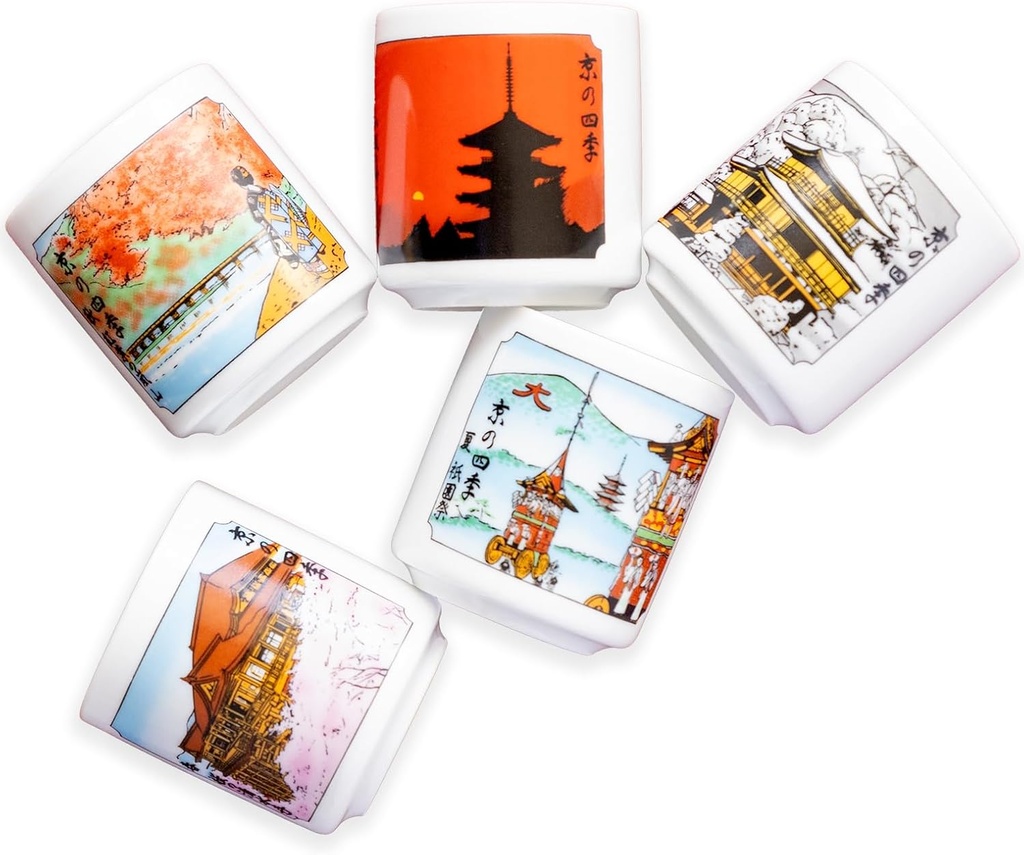 Mino Ceramic Sake Cups [Made in Japan/Set of 5]: Featuring Kyoto's Iconic Landmarks through the Four Seasons in Gift Box