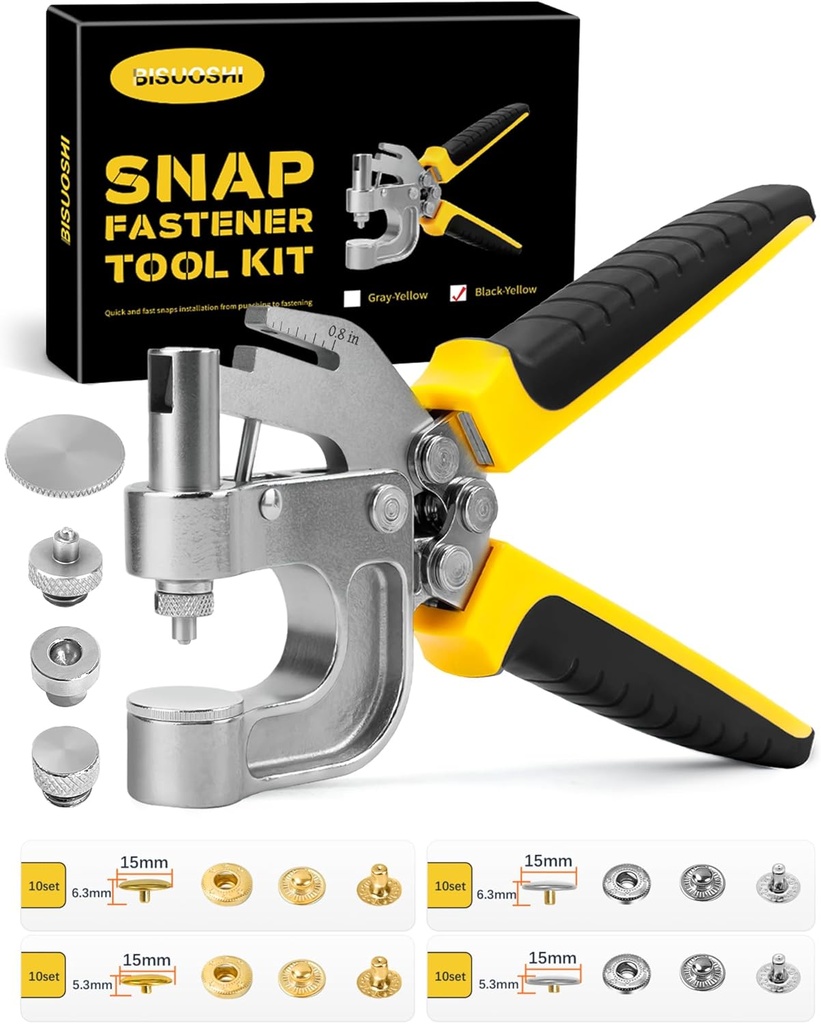 Leather Snaps and Fasteners Kit for Thicker Fabric w/Heights 6.3mm/5.3mm Metal Buttons, 40 Sets 15mm Snap Button Kit, Snap Fasteners Kit 2 Colors Heavy Duty Snaps for Canvas Clothes(BlackYellow)