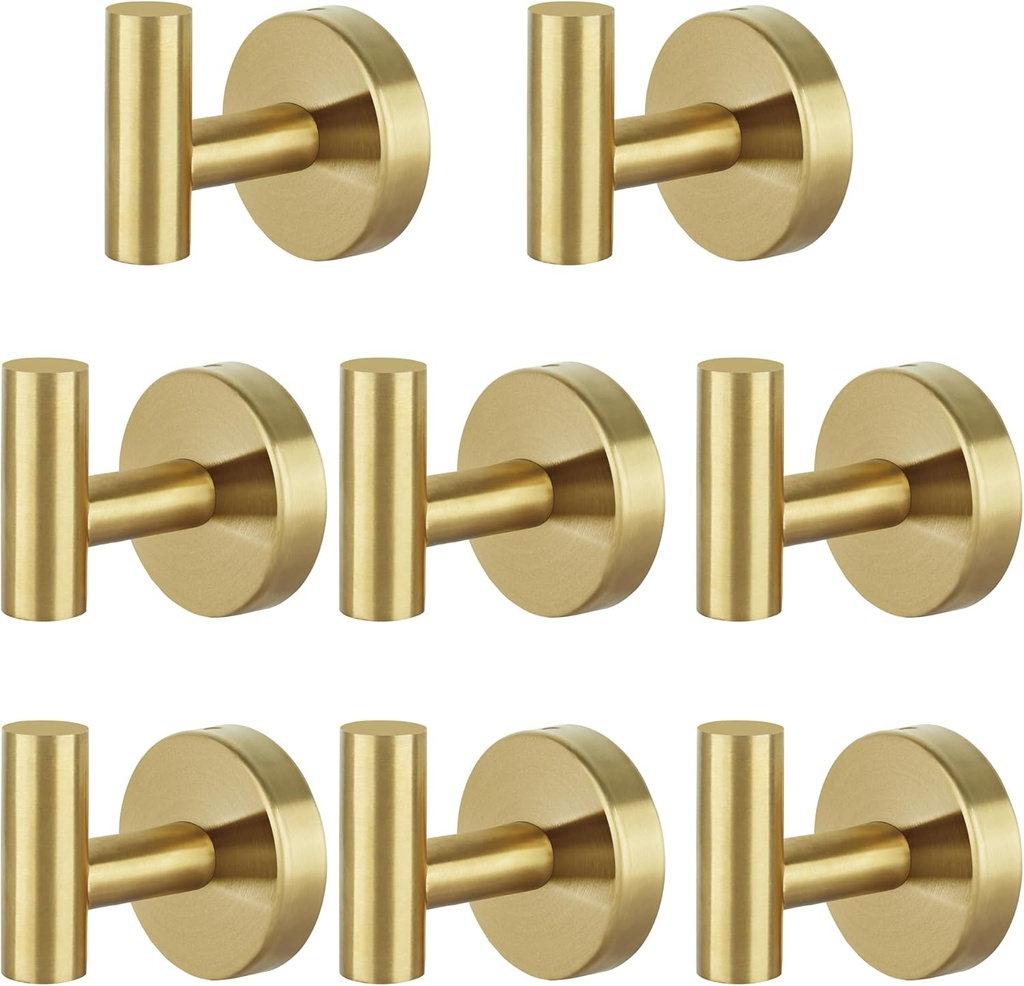 8 Pcs Bathroom Robe Towel Hooks Coat Wall Hook Stainless Steel Heavy Duty Door Hanger Towel Robe Clothes Cabinet Closet Sponges Hook for Bathroom Bedroom Kitchen Hotel Pool (Gold)
