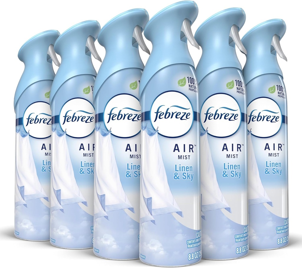 Febreze Air Mist Air Freshener Spray, Odor-Fighting Room Spray, Air Fresheners for Home and Bathroom and Kitchen, Aerosol Can, Linen & Sky Scent, 8.8oz, 6 Count