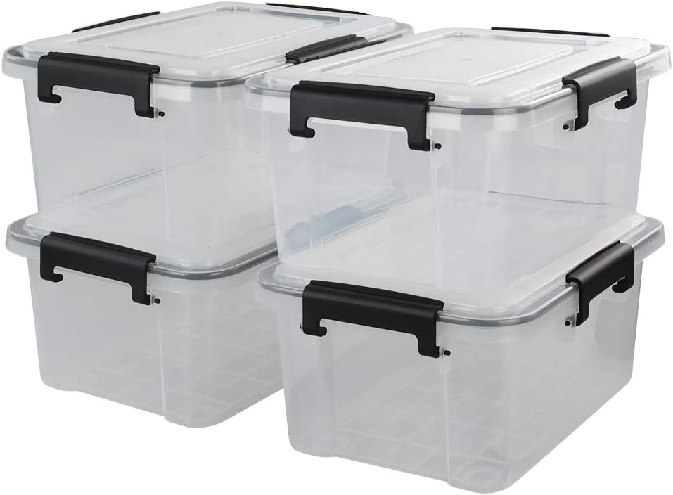 4-pack 10 Liter Clear Plastic Storage Boxes with Latch Clip/Seal Lidded, Food Storage Containers