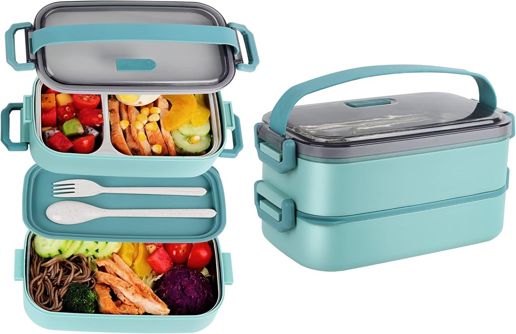 Bento Lunch Box for Kids Women Men, 47oz 2-Compartment Snack Salad Metal Food Prep Pack Container for Lunch, Stainless Steel 2 Layers Stackable Lunch Containers with Lids for Adults and Teens Green