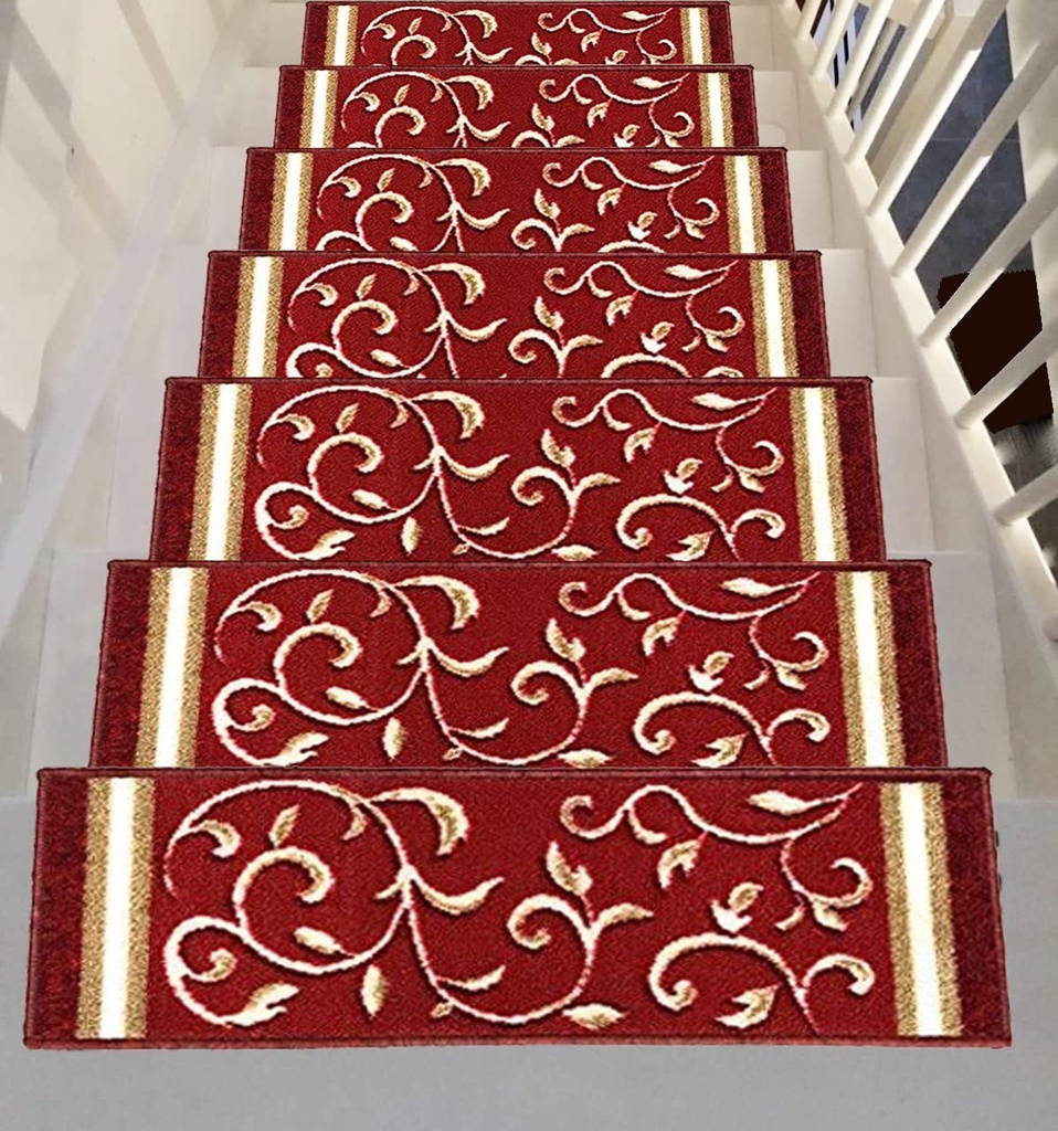 Gloria Stair Treads Carpet Non-Slip Stair Runners for Wooden Steps Non Slip Rubber Back Stair Rugs Stairway Carpet Set of 7 Red Floral (8.5” x 26”)