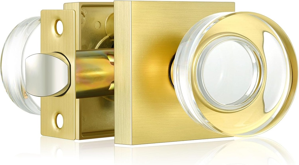 HIMEETIME Passage Function Clear Crystal Glass Door Knobs Interior, Modern Gold Door Knob with Square Plate, Modern Polished Crystal Brass Door Knobs for Closet Hallway