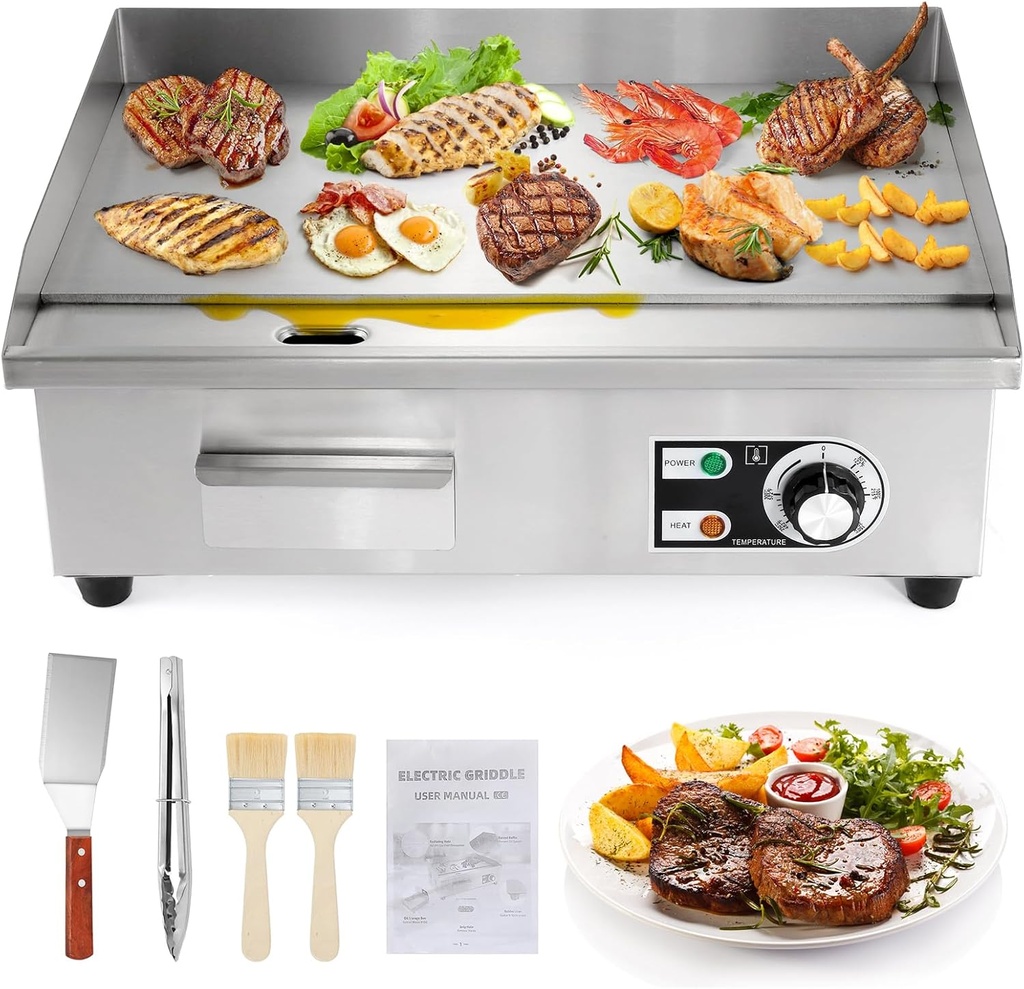 Dyna-Living Commercial Electric Griddle 22'' Flat Top Grill Countertop 3000W Stainless Steel Electric Griddle Nonstick Commercial Flat Top Griddle Countertop Grills, 122°F-572°F Temp Adjustable