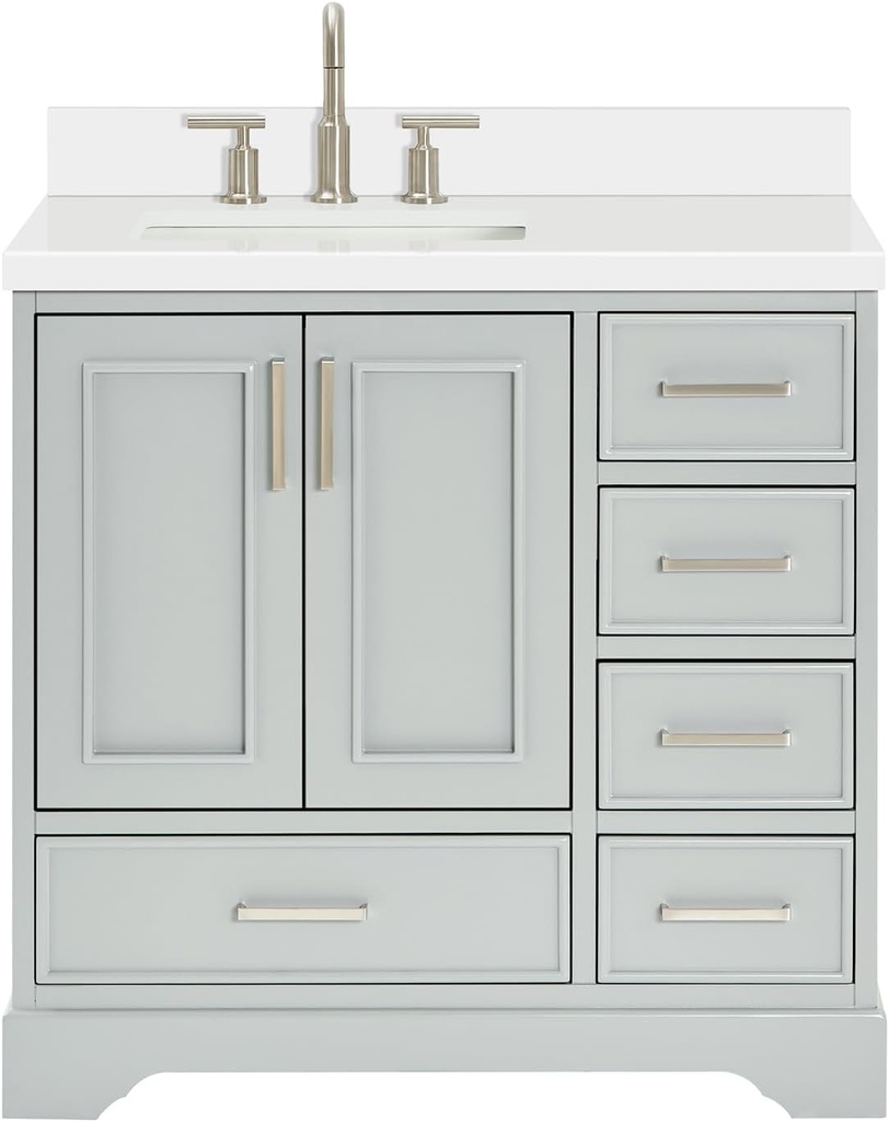 ARIEL Stafford 37 Inch Single Left Offset Rectangle Sink Vanity with White Quartz Countertop W/1.5" Edge in Grey