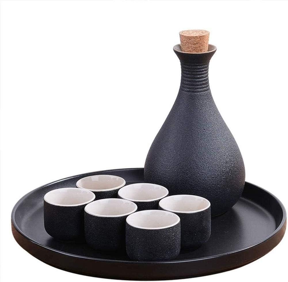 Refineness Sake Set, Japanese Style Sake Ceramic Set, 6 Pieces of Ceramic Black Anti-Skid Kettle Wine Glass Home Set for Cold/Hot/Sake/Shochu Warmer