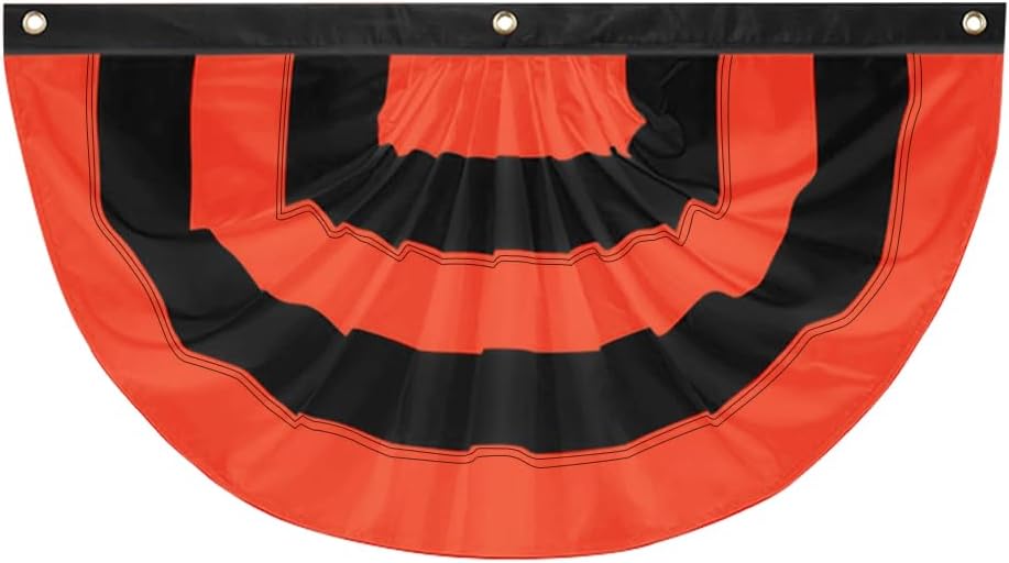 Halloween Bunting Flag 2 x 4 ft Fully Sewn Orange & Black 5 Stripe with 3 Grommets Pleated Half Fan Flag Bunting Banner Trick or Treat Halloween Decor Outside Porch Garden Outdoor Yard Indoor Home