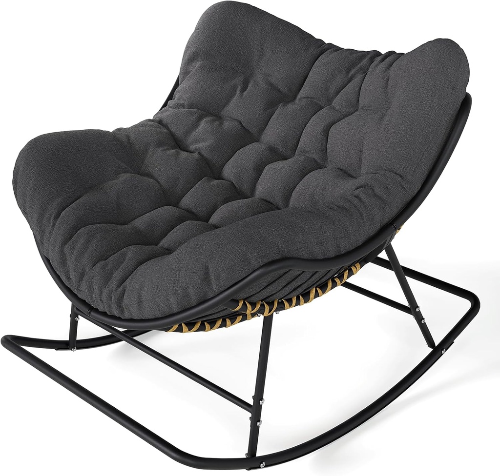SWITTE Papasan Rocking Chair Outdoor Indoor, Oversized Egg Wicker Rocker with Cushion, Supports 450 lbs, Patio Chair for Balcony or Living Room - Grey
