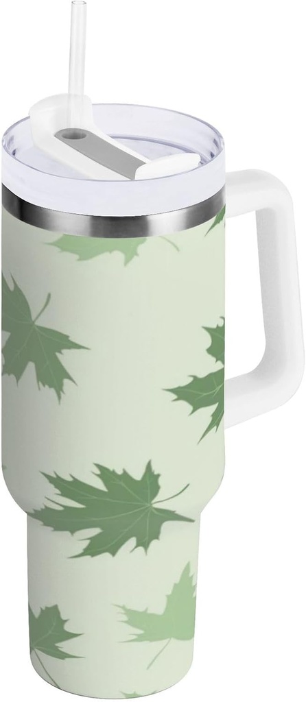 40 oz Tumbler With Handle and Straw Lid, Stainless Steel Vacuum Insulated Tumbler for Water, Iced Tea or Coffee, Easy to Clean (Light Green Maple Leaf)