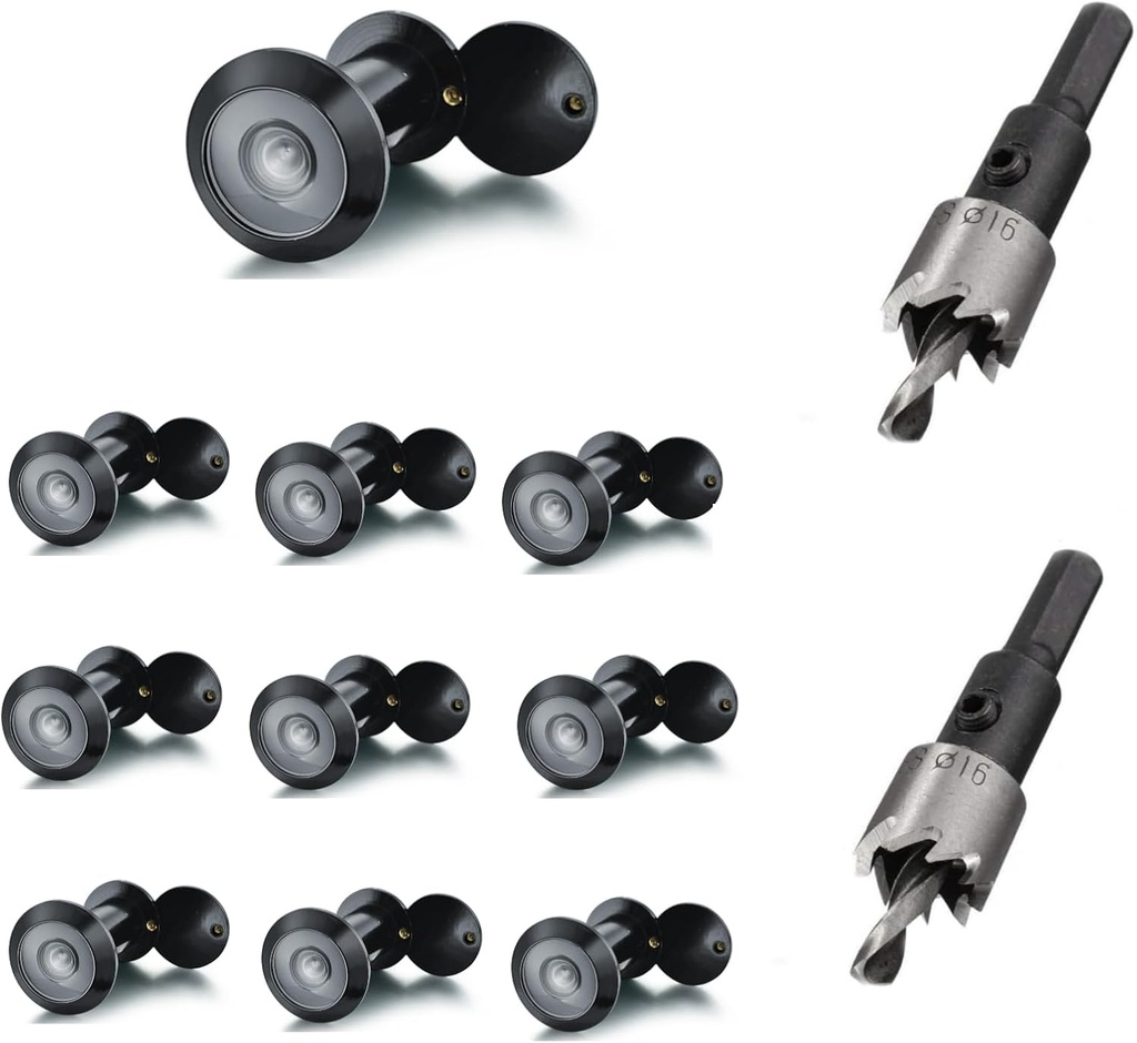 TOGU 10PCS of 220-degree Solid Brass Peep Holes for Door with 16mm Drill Bit, 0.63 inch Door Peephole with Privacy, Compatible with Door Thick from 1-3/8" to 2-1/6", Matte Black Finish