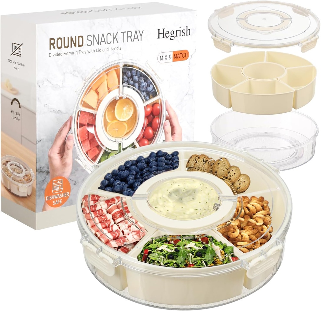 Dishwasher Safety -Divided Rotating Serving Tray with Lid and Handle,Portable Snackle Box for Fruits Snacks Charcuterie,Clear Organizer and Fridge Storage Container,Veggie Platters for Adults Child