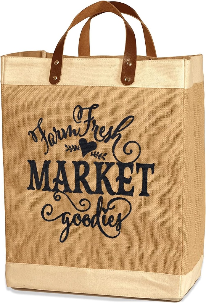 French Market Jute Tote Bag Canvas Reusable Grocery Organizer Pocket Exultimate