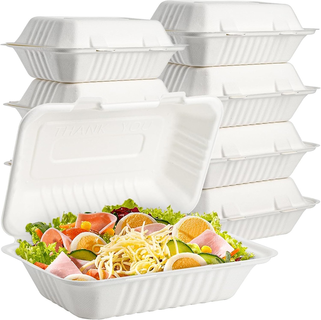 Elsjoy 90 Pack Disposable Clamshell To Go Containers, 9"x 6" Single Compartment Take Out Food Containers, Compostable Hinged Container Takeaway Lunch Box for Restaurant, Party, Microwave Safe