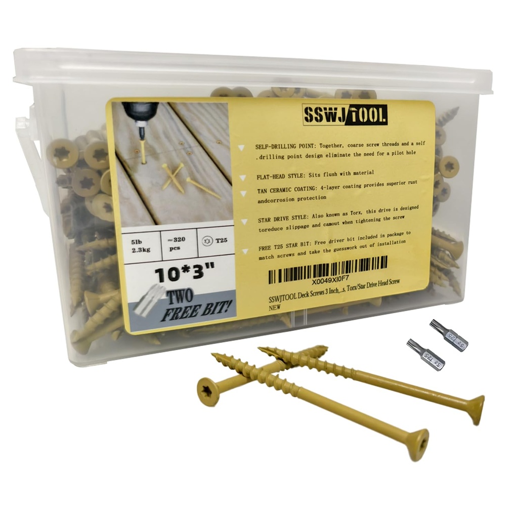 Deck Screws 3 Inch, Wood Screws #10 x 3 Rust Resistant, 320 PCS, Exterior Epoxy Coated, Outdoor Decking Screws, Torx/Star Drive Head Screw