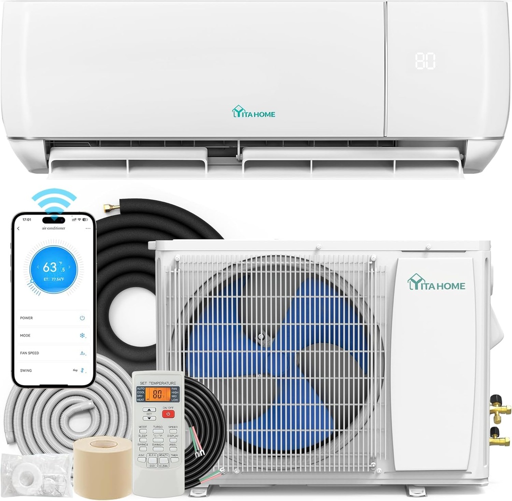 YITAHOME 12000 BTU Mini Split Air Conditioner Heat Pump System, 20 SEER2 115V Ductless Inverter System with Wi-Fi & Alexa Compatibility, Cover Up to 750 Sq. Ft, Complete Installation Kit Included