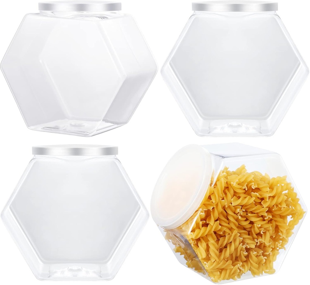 EBOOT 4 Pieces Plastic Candy Cookie Jars for Kitchen Counter Hexagon Cookie Jar with Lid Clear Candy Containers Laundry Pod Storage Container Dry Food for Buffet Dog Treats Craft(29 Oz)