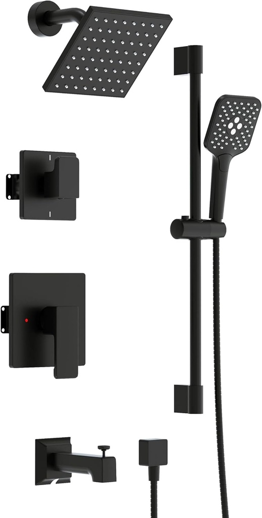 Shower System with Slide Bar - High Pressure Rain Shower Heads Combo Set with Handheld Showerhead and Tub Spout, Bathtub Shower Faucet Set with Shower Valve and Shower Trim, Matte Black