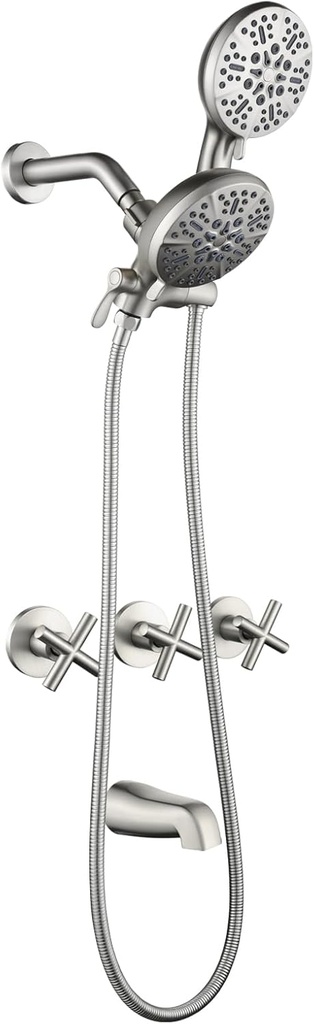 3 Handle Shower Faucet Set with Tub Spout Bathtub Shower Faucets Combo Set Shower System Complete Tub and Shower Trim Kit Brushed Nickel