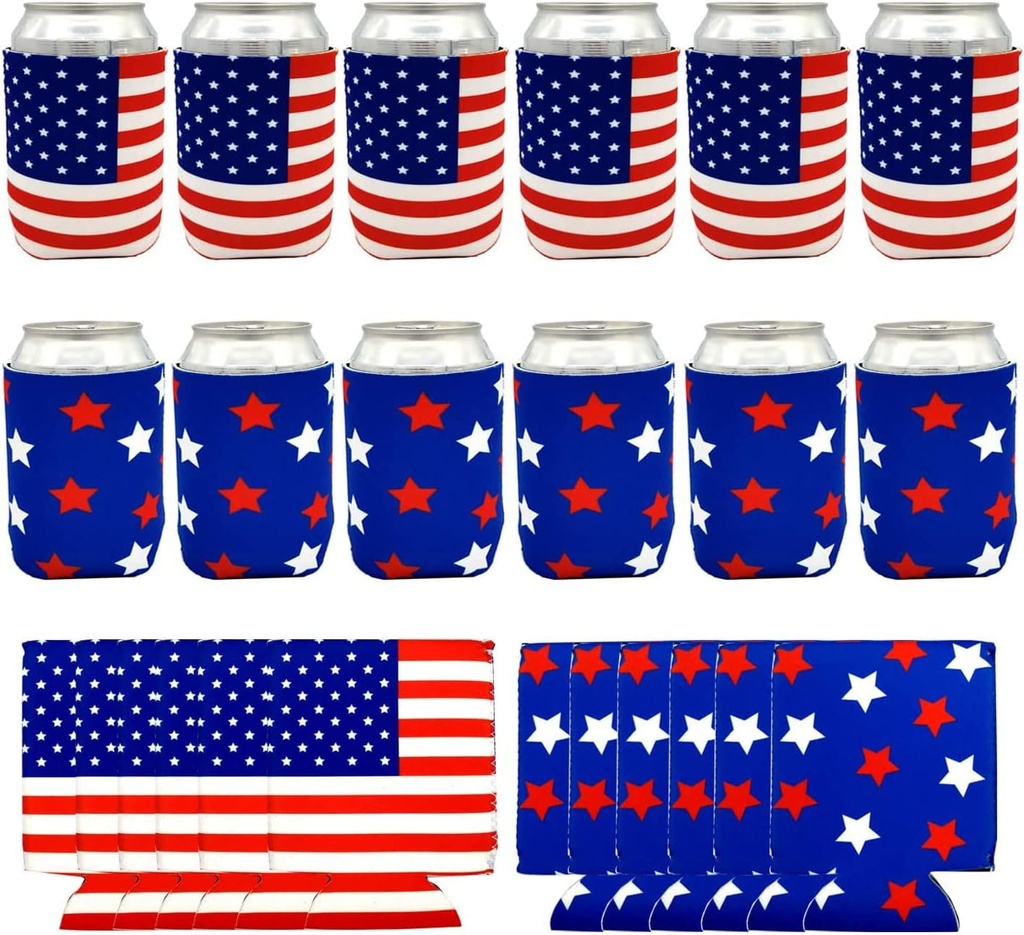 12 Pieces American Flag Can Cooler Sleeves, Neoprene Beer Coolies for Cans and Bottles, Collapsible Drink Cooler Sleeves, Perfect Party Supplies for Insulating,BBQ,4th of July,Gifts,Events