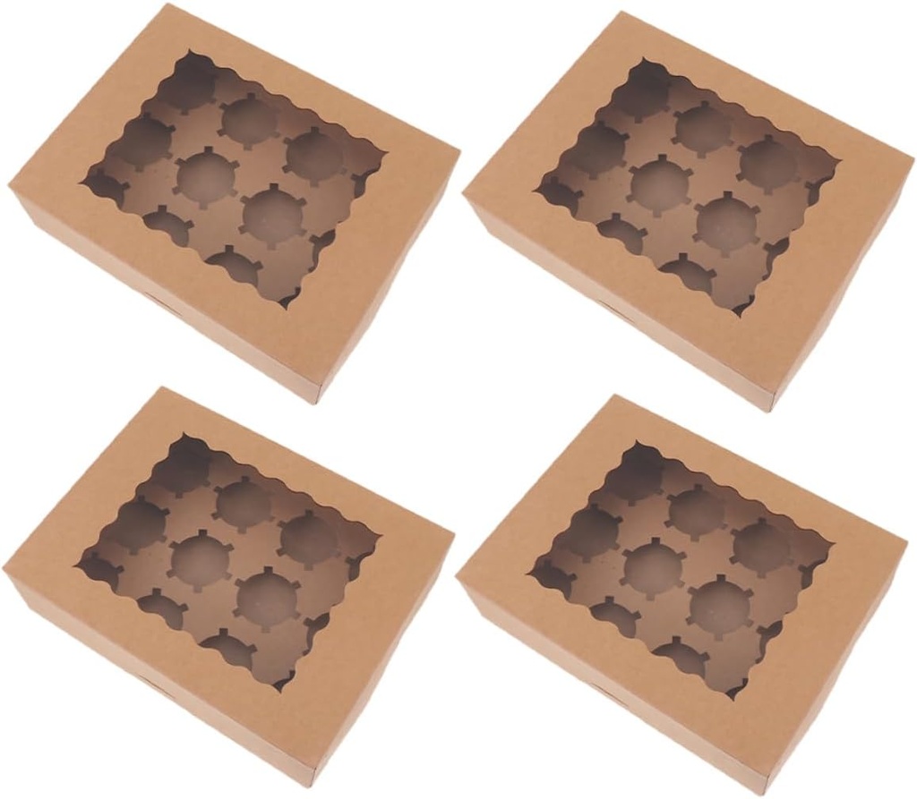 4Pcs Cupcake Boxes Kraft Bakery Carrier with Design Portable Dessert Containers Elegant and Easy to Assemble Cupcake Holders for Safe Storage and Transportation