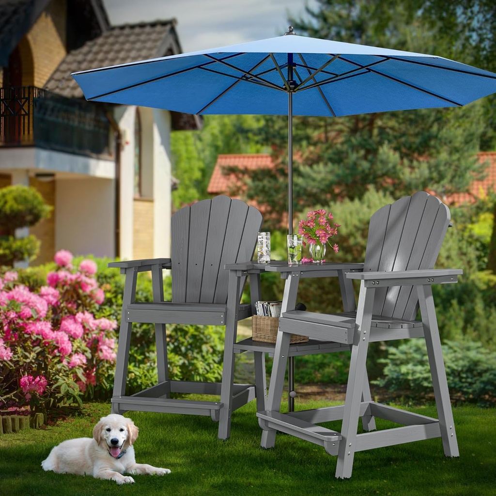 Tall Adirondack Chair Set of 2 with Double Connecting Tray, Recycled HDPE with Wood Grain, Weather Resistant, Outdoor Adirondack Chairs for Deck, Balcony, Patio, Backyard, Light Grey