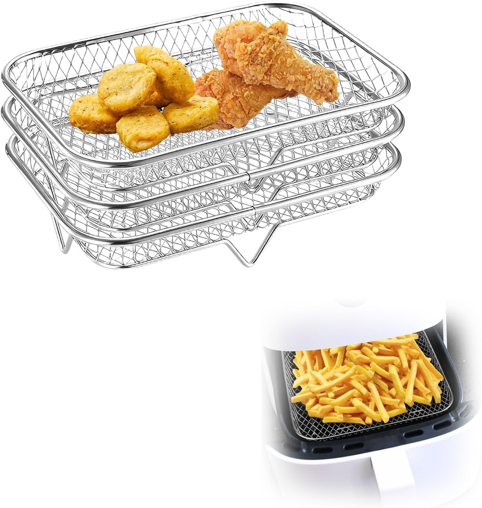 Air Fryer Rack, Stackable Stainless Steel Air Fryer Basket, 3 Layers Cooling Racks for Oven Press Cooker, Rectangle AirFryer Accessories (7.6"Lx5.3"Hx3.7"H)