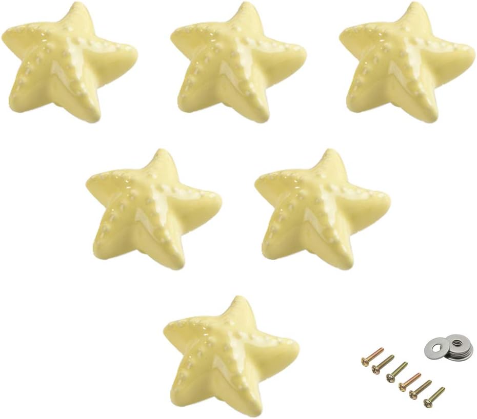 Ceramic Cabinet Handles Dresser Knobs Drawer Pulls for Kid's Room Door Handles Cupboard Knobs Lovely Starfish Shape 6 Pack Yellow