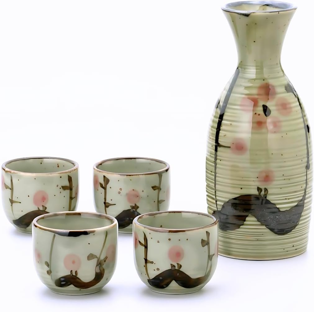 JapanBargain 4977, Japanese Plum Porcelain Sake Set Sake Carafe Bottle Sake Cups for Serving Hot Sake and Cold Sake, Made in Japan, Green, 8.5 oz