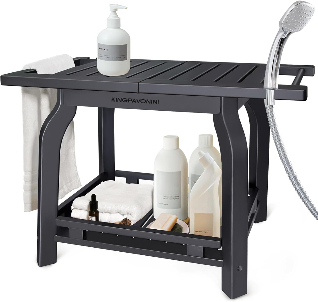 2-Tier Bamboo Shower Bench for Inside Shower Shaving Legs, 25 Inch Waterproof Bathroom Bench Shower Stool with Storage Shelf, Safe & Stable for Seniors Adults Disabled Women (Black)