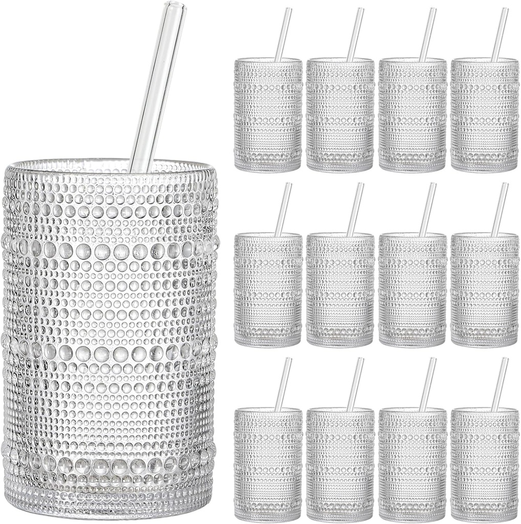 Vintage Hobnail Drinking Glasses Set of 12, 15oz Textured Tumblers - Embossed Clear Bar Glasses for Cocktails, Beer, Whiskey, Dishwasher-Safe Highball Cups for Kitchen, Juice & Mixed Drinks