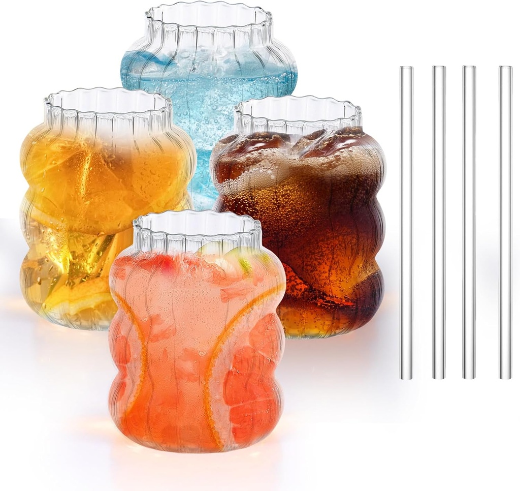 8 Pcs 650 ml Ribbed Glass Cups Set, Creative Wavy Drinking Glasses, Clear Glassware Drinking Glasses Straws for Coffee Cocktail Juice Water Soda Tea