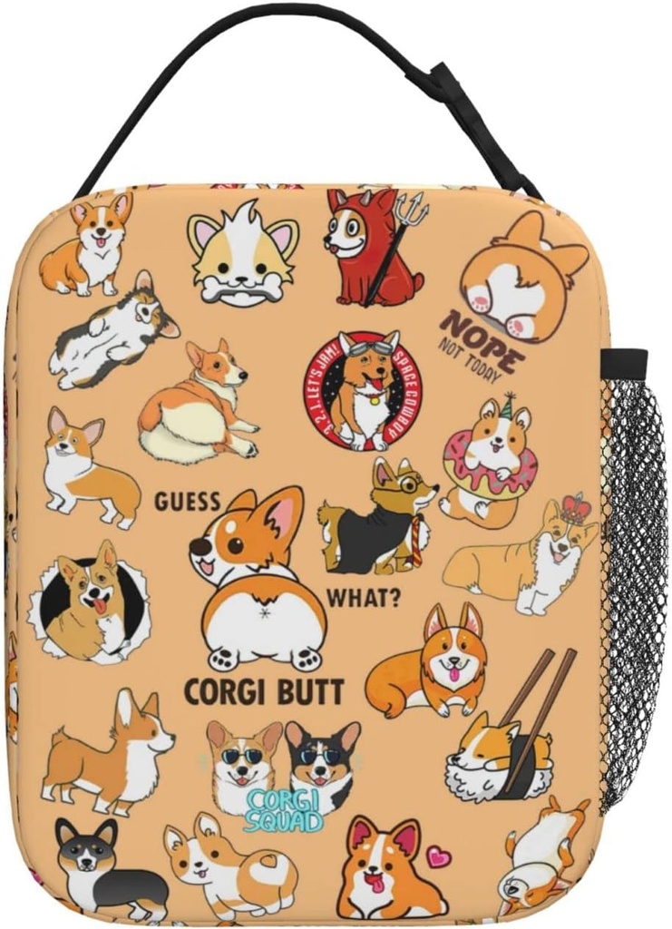 Corgi Lunch Bag Cute Cartoon Dog Heat Insulated Lunch Box Leakproof Durable Portable Reusable Handbags Large Capacity Thermal Cooler Tote Bag (One Size, White)