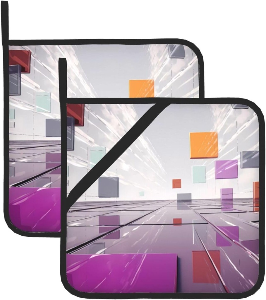 Square Heat Resistant Hot Pads Set of 2, Thick 8x8 Inch Kitchen Trivets, Different Colored Squares Pot Holders Sets, Non-Slip Pot Holders for Countertops Oven BBQ, Microwave with Hanging Loop