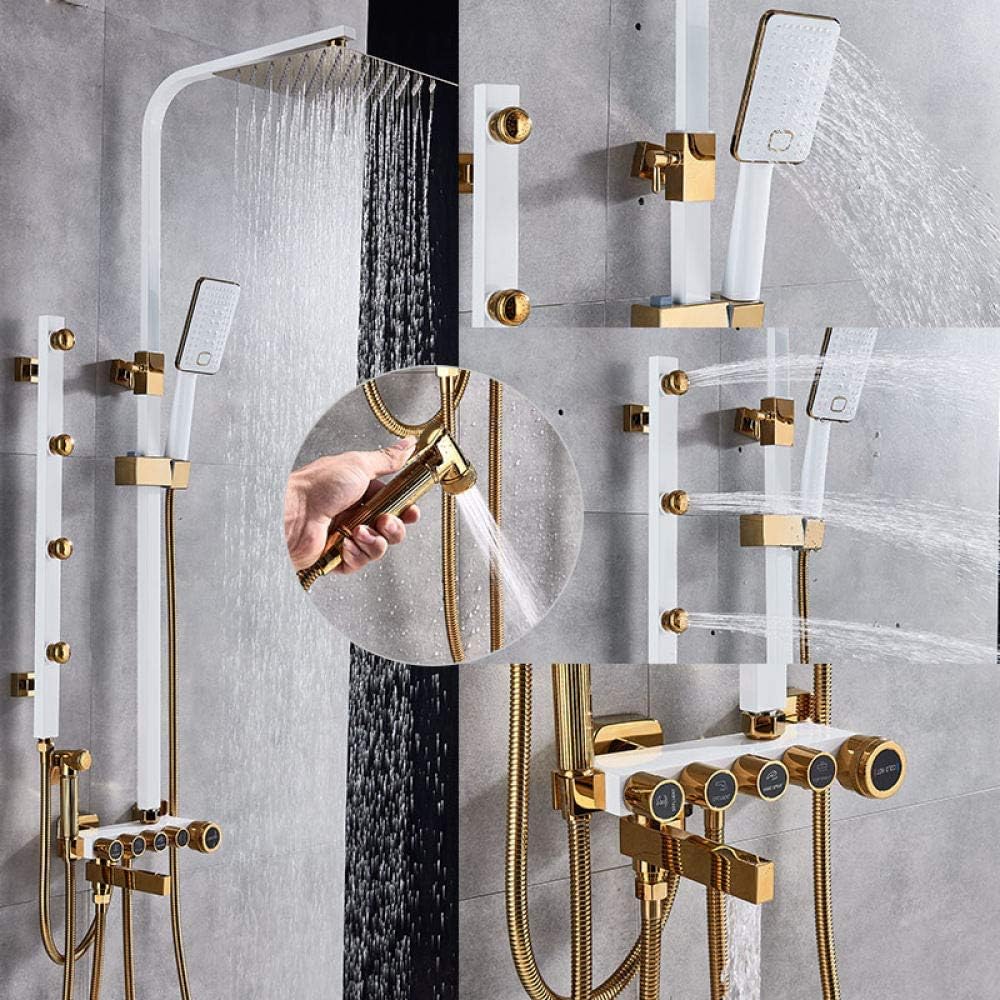 Shower System Matte Black Chrome Shower Faucets Set Brass 5-Way Button Control Mixer Tap SPA Massage Jets Shower Bidet Bath Shower Set,White Golden
