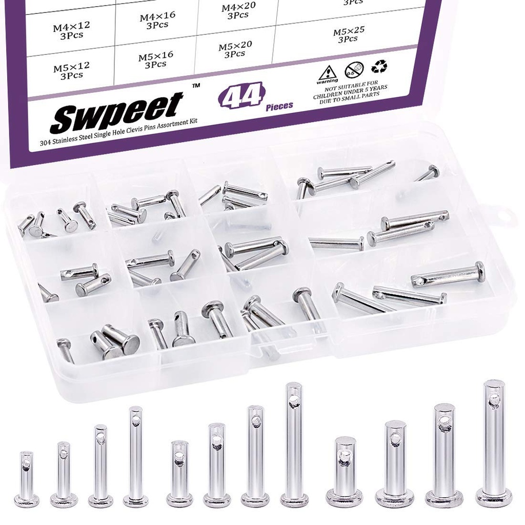 Swpeet 44Pcs Clevis Pin Assortment Kit, 304 Stainless Steel M3 M4 M5 12 Type Flat Head Pin with Hole Location Pin T-Shape Round Pin with Plastic Box