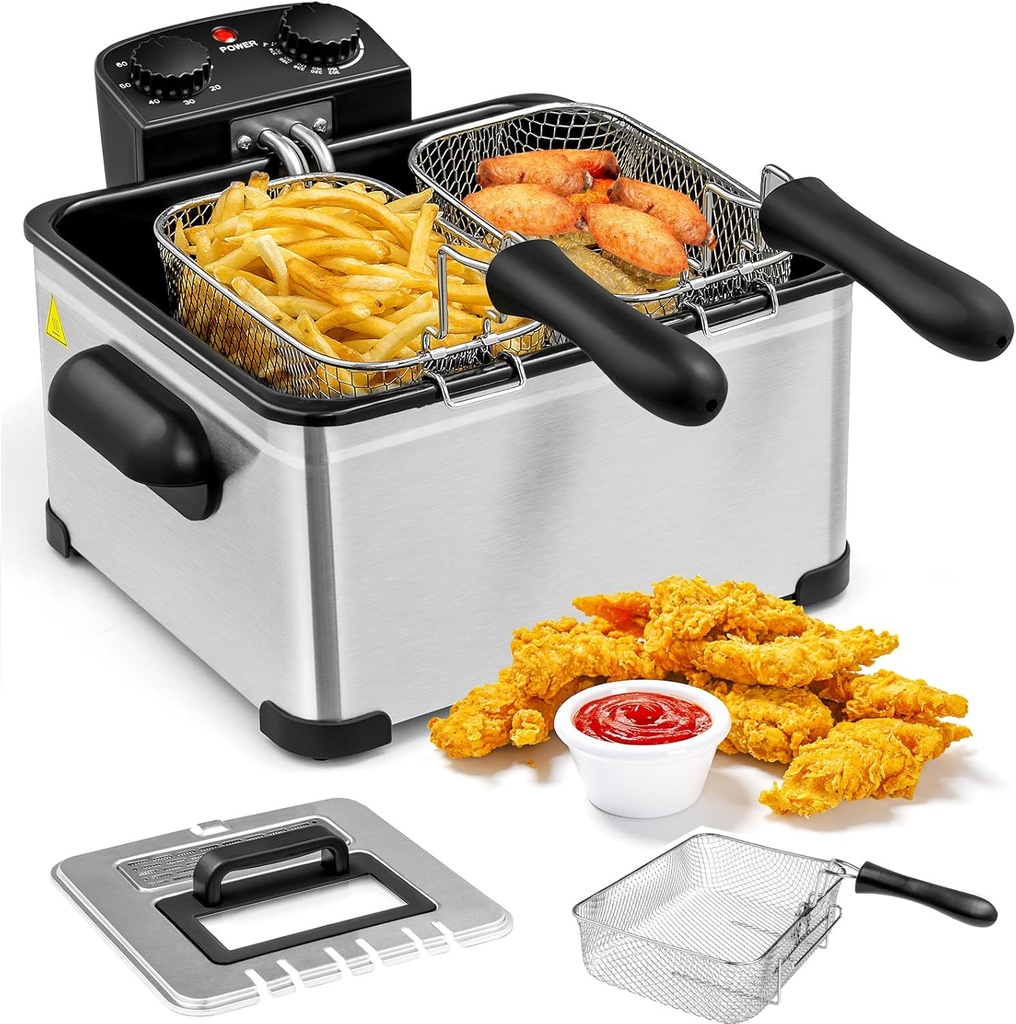 Giantex 1700W Electric Deep Fryer with 3 Baskets, 5.3QT/21-Cup Frier Cookers Home Fryer, Large Oil Container, Lid with View Window, Adjustable Temperature and Timer, Family Kitchen Restaurant Use