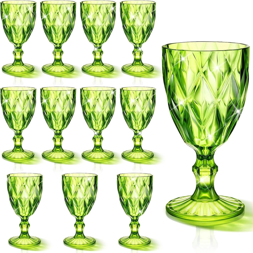 Tioncy 12 Pcs Plastic Wine Glasses Vintage Stemware Water Goblets 11 oz Unbreakable Wine Glasses Bulk Reusable Party Drinking Cup Champagne Flute for Wedding Reception Shower Bar Birthday(Green)