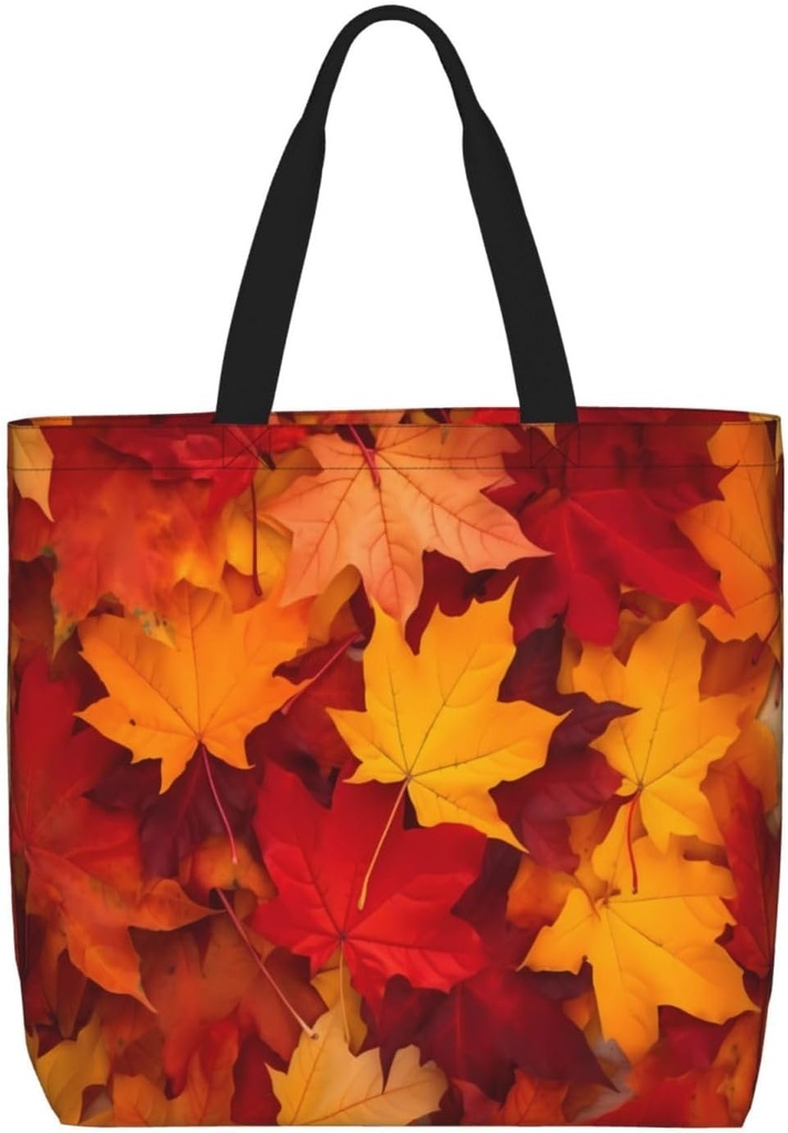 Autumn Leaves Fall Tote Bag for Women, Maple Leaf Reusable Grocery Shopping Tote Bags with Zipper, Portable Casual Shoulder Bag Handbags for Beach Travel Work