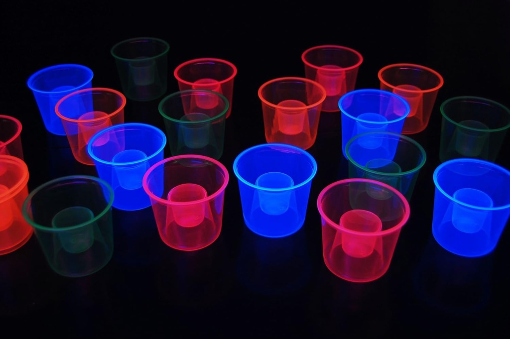 DirectGlow 4 Ounce Assorted UV Blacklight Reactive Soft Plastic Bomber Glow Party Shot Glass Cups (40 Count)