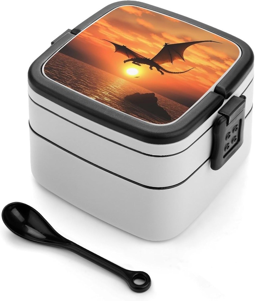 Stackable Double-Layer Bento Box Sea Sunset Flying Dragon Adults Lunchbox With Spoon Cute Japanese Bento Box Dishwasher Safe for Work Travel Dining Outc