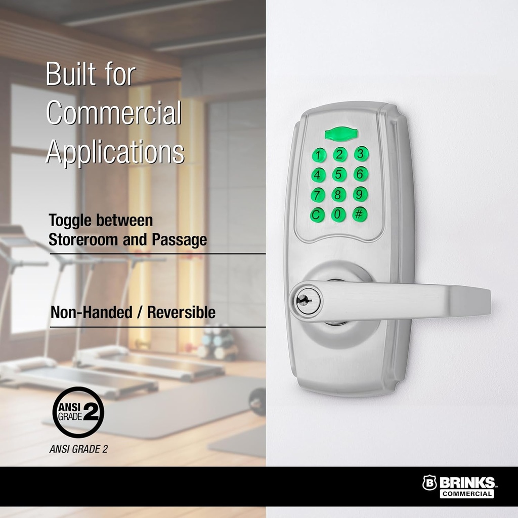 BRINKS ANSI Grade 2 Keypad Door Lock with Handle for Commercial & Residential Use, Keyless Entry Door Lock, 99 User Codes, Auto-Relock, Battery with Backup Keyway (Satin Nickel)
