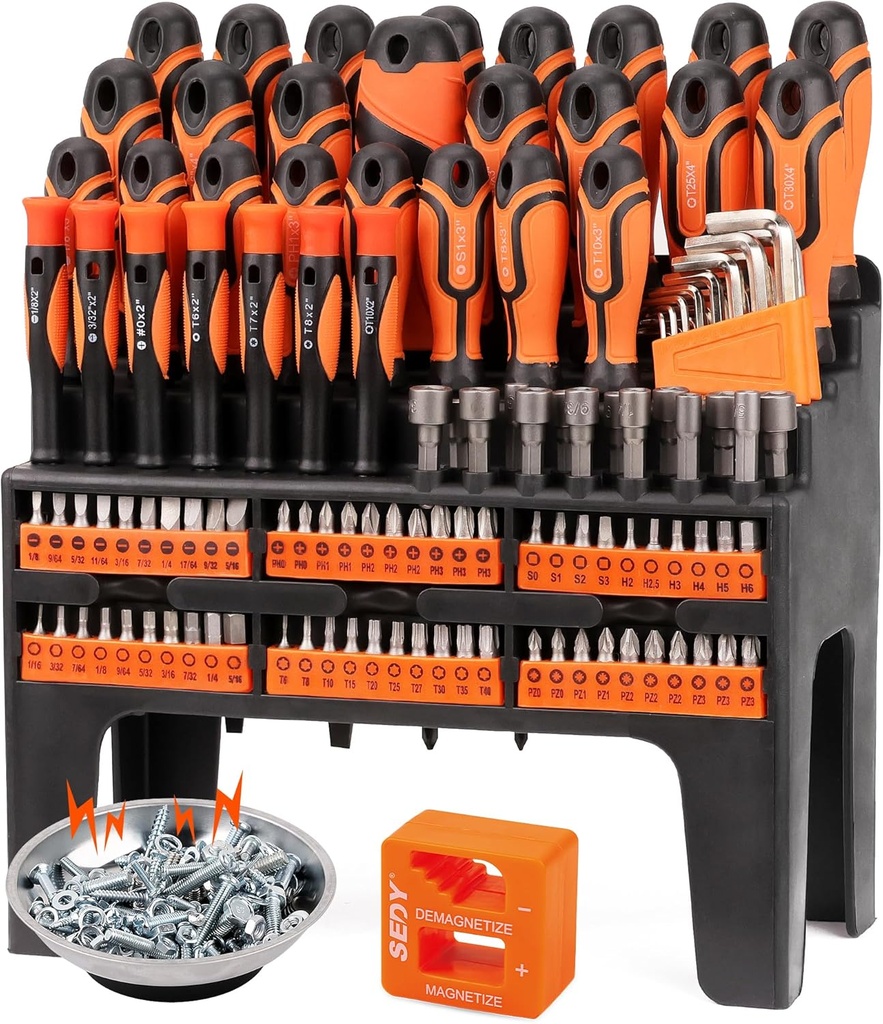 124-Piece Magnetic Screwdriver Set with Plastic Racking, Precision Screwdrivers, Magnetizer, Demagnetizer, Allen Keys, Nut Drivers, Ratchet Handles, Sockets & More - DIY Tools for Men, Tools Gift