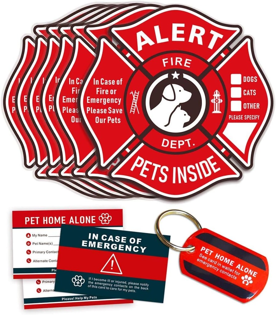 Pet Alert Stickers Static Cling Window Decals Emergency Pets Rescue Sign (6 Pack) with Bonus: Pet Home Alone Wallet Card & Key Tag - NO Adhesive, Removable, UV Resistant