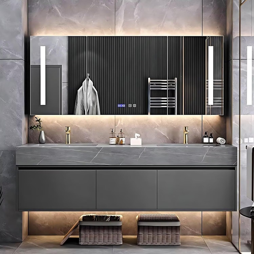 Floating Bathroom Vanity with Double Sinks 76IN(Light Luxury Style)(Gray Texture Design) Rock Slab Integrated Sink,Modern Led Defog Mirror Cabinet